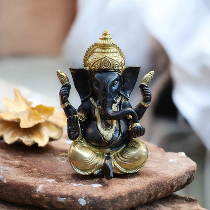 Pure Brass Black & Golden Ganesha Idol, 8 Inch