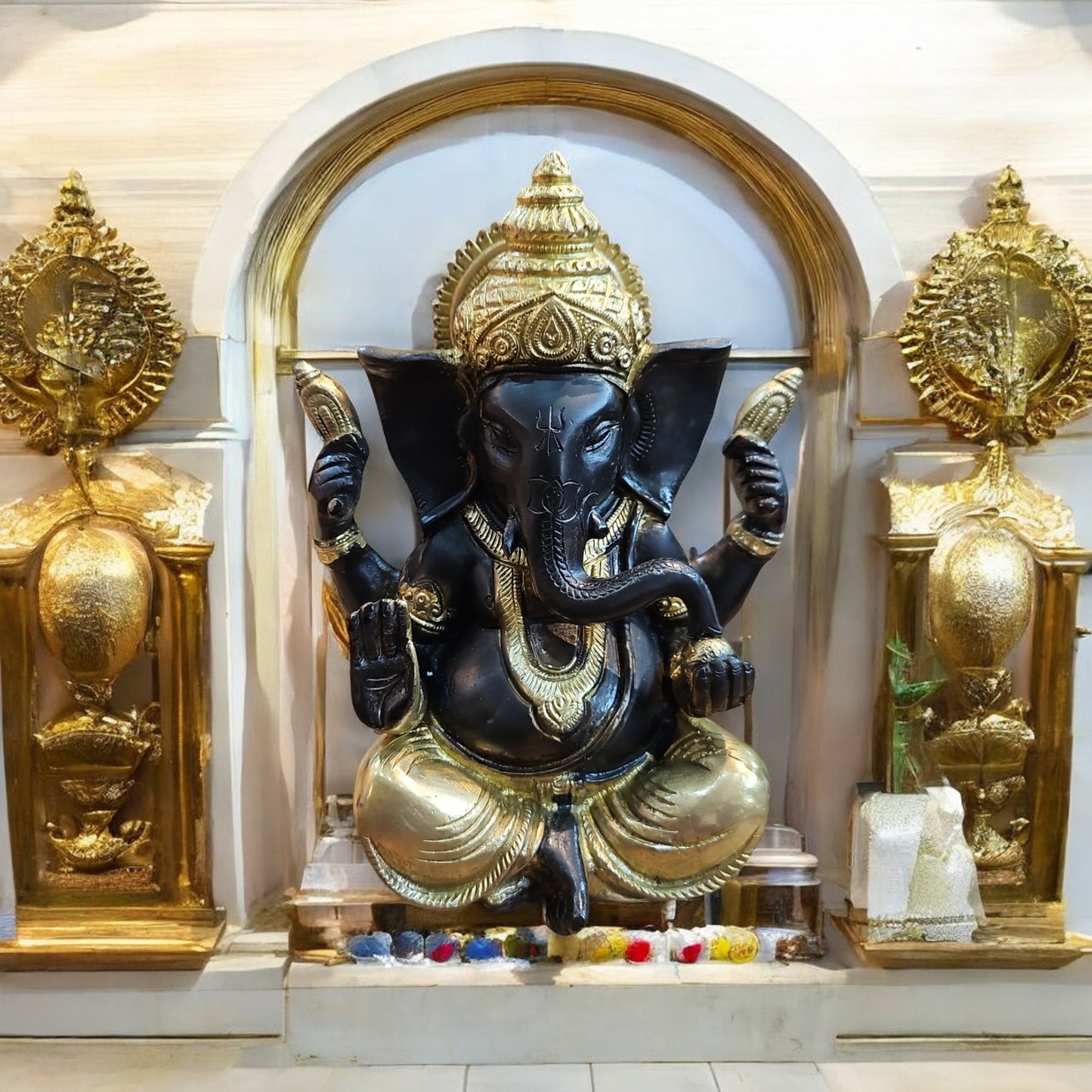 Pure Brass Black & Golden Ganesha Idol, 8 Inch