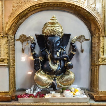 Pure Brass Black & Golden Ganesha Idol, 8 Inch