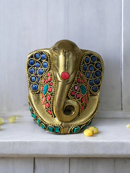 Decorative Brass Ganesha Idol with Stonework, 5 Inch