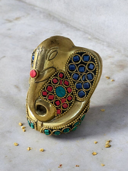 Decorative Brass Ganesha Idol with Stonework, 5 Inch