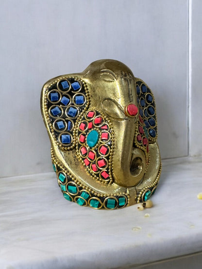 Decorative Brass Ganesha Idol with Stonework, 5 Inch