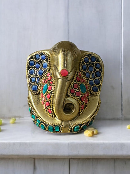 Decorative Brass Ganesha Idol with Stonework, 5 Inch