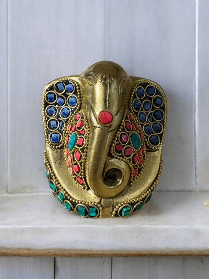 Decorative Brass Ganesha Idol with Stonework, 5 Inch