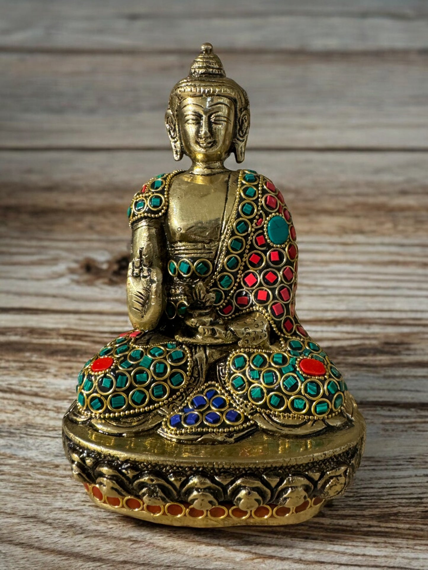 Elegant Handcrafted Brass Buddha Idol with Intricate Stone Work (8" Tall)