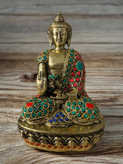 Elegant Handcrafted Brass Buddha Idol with Intricate Stone Work (8" Tall)