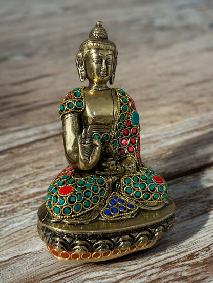 Elegant Handcrafted Brass Buddha Idol with Intricate Stone Work (8" Tall)