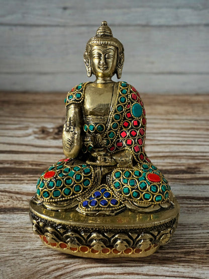 Elegant Handcrafted Brass Buddha Idol with Intricate Stone Work (8" Tall)