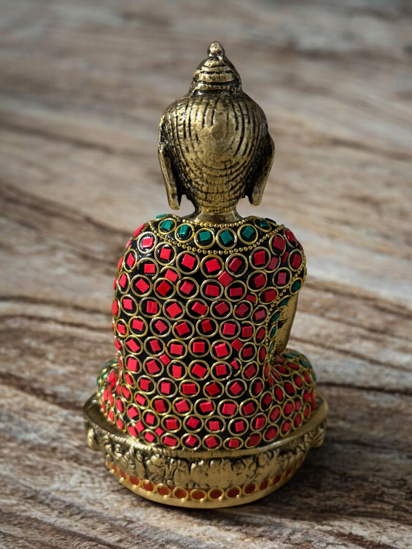 Elegant Handcrafted Brass Buddha Idol with Intricate Stone Work (8" Tall)