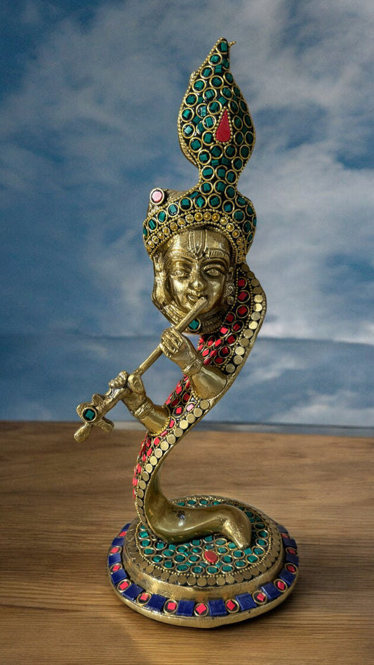 Brass Krishna Serpent Statue with Intricate Stone Work – 7 Inch