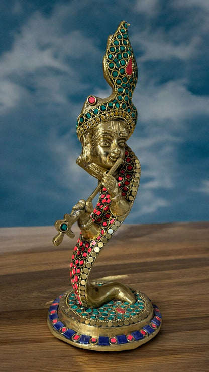 Brass Krishna Serpent Statue with Intricate Stone Work – 7 Inch