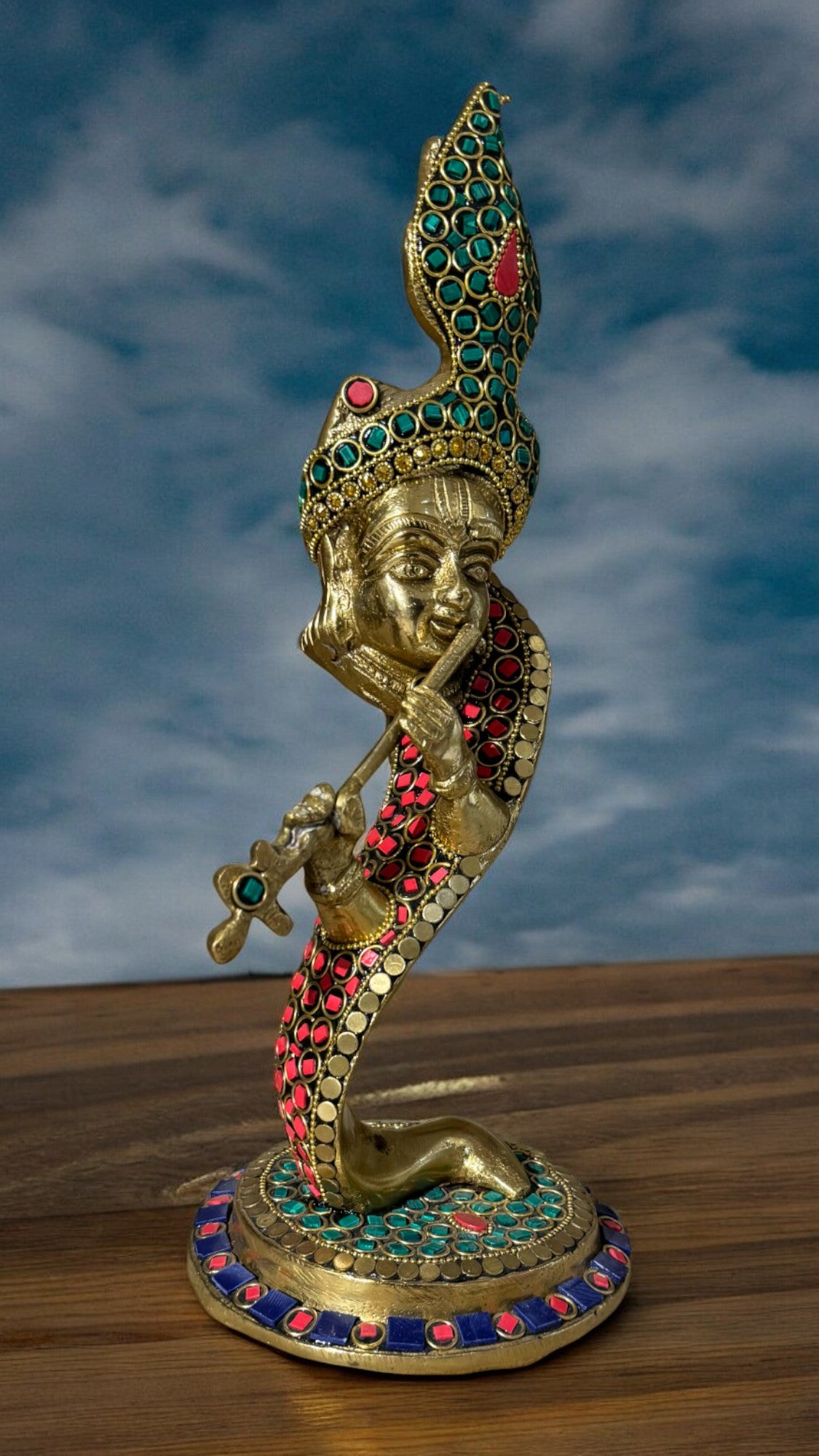 Brass Krishna Serpent Statue with Intricate Stone Work – 7 Inch