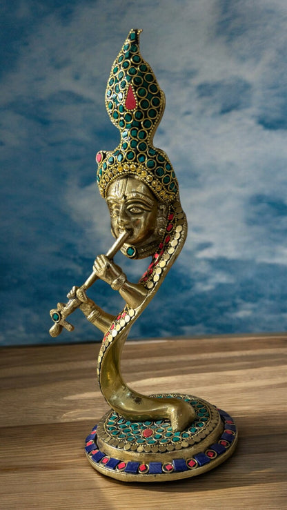 Brass Krishna Serpent Statue with Intricate Stone Work – 7 Inch