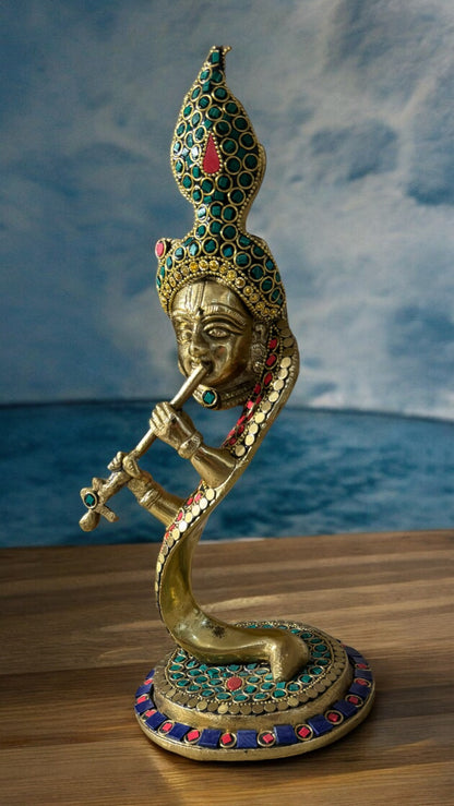 Brass Krishna Serpent Statue with Intricate Stone Work – 7 Inch