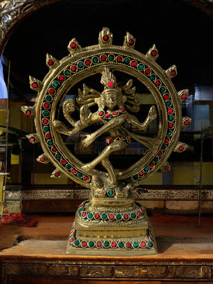 Exquisite Handcrafted Brass Nataraja Statue with Intricate Stone Work (11" Tall)