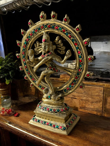 Exquisite Handcrafted Brass Nataraja Statue with Intricate Stone Work (11" Tall)