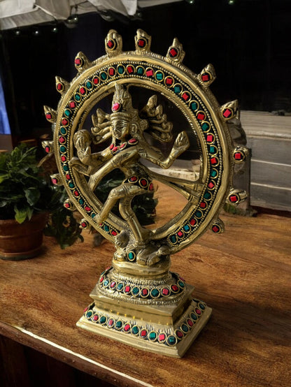 Exquisite Handcrafted Brass Nataraja Statue with Intricate Stone Work (11" Tall)