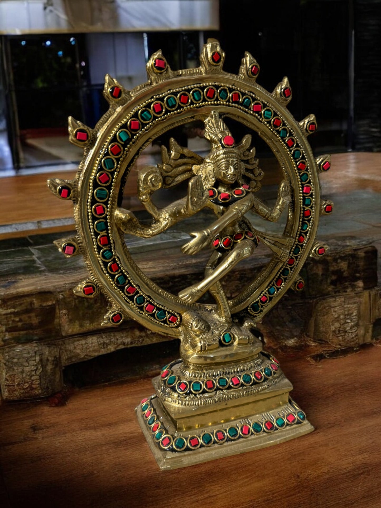 Exquisite Handcrafted Brass Nataraja Statue with Intricate Stone Work (11" Tall)