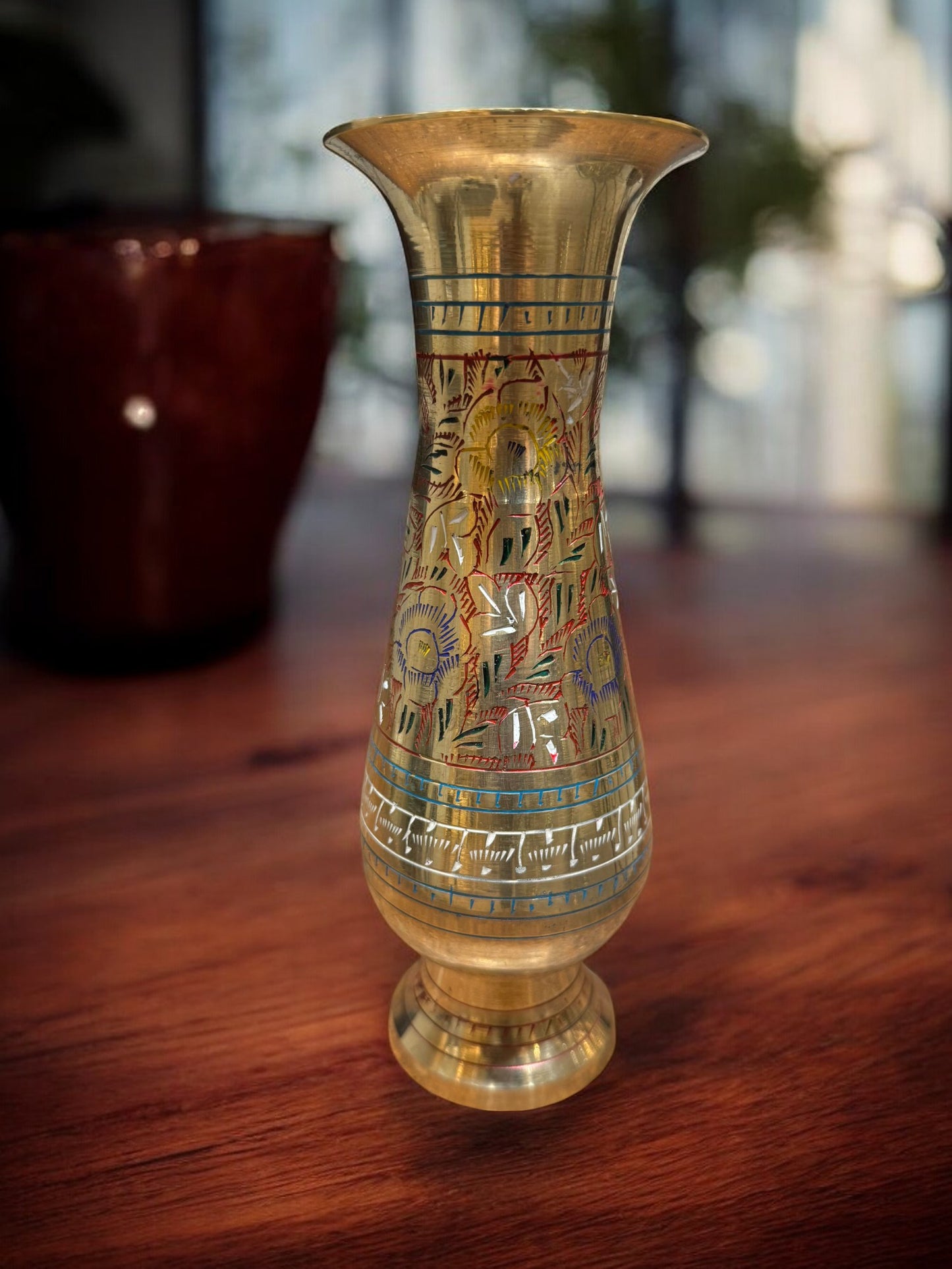 Handcrafted Brass Vase with Enamel Inlay – 12 Inches