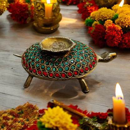 Handcrafted Brass Tortoise Diya with Stone Inlay - 8"