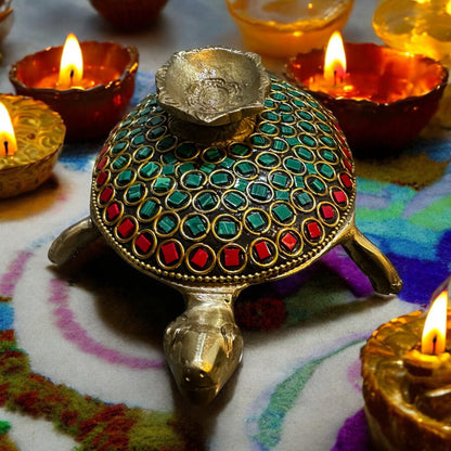 Handcrafted Brass Tortoise Diya with Stone Inlay - 8"