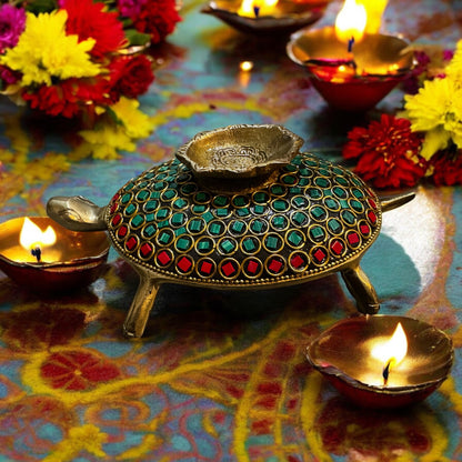 Handcrafted Brass Tortoise Diya with Stone Inlay - 8"