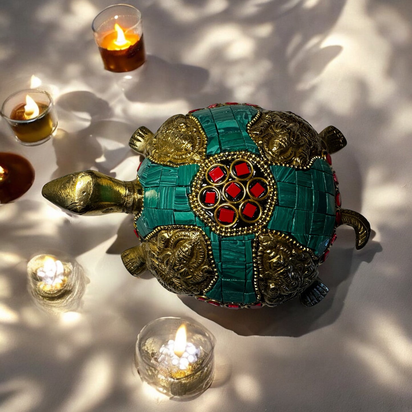 Handcrafted Brass Tortoise with Stone Inlay - 6"