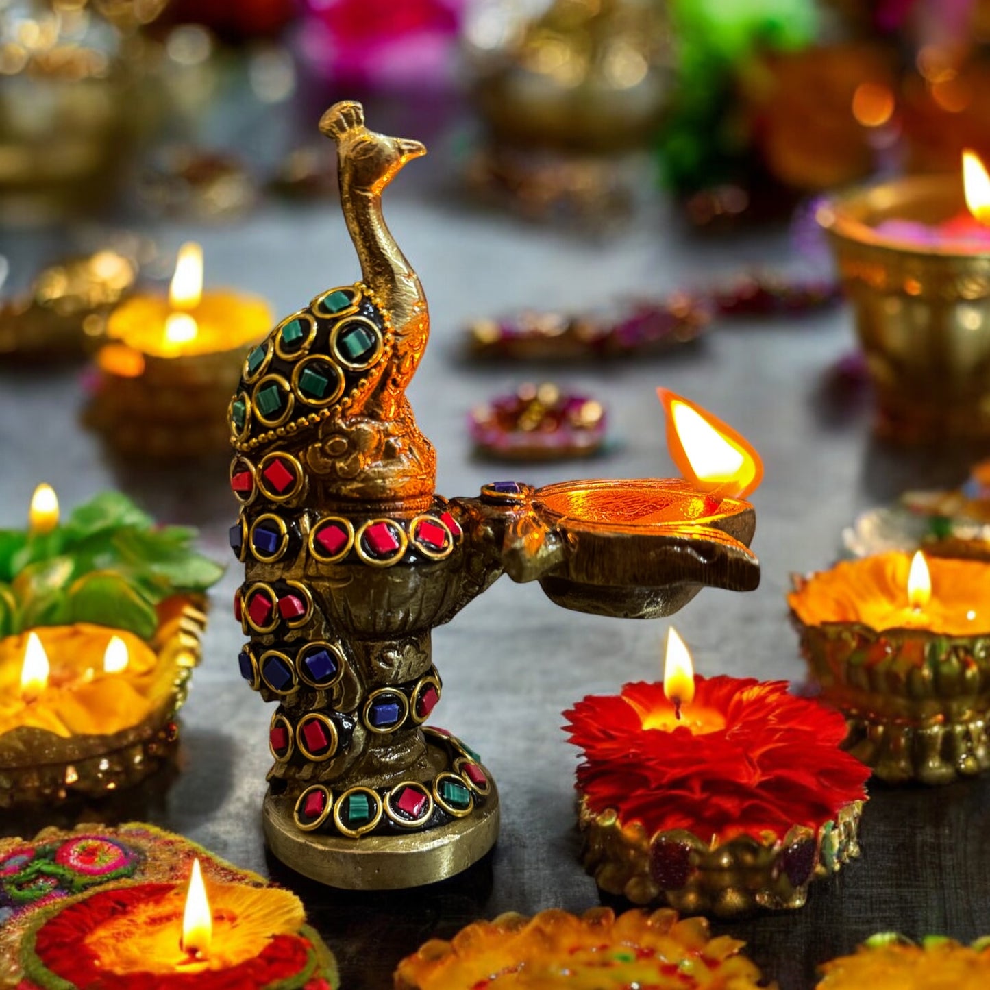 Brass Peacock Diya with Handcrafted Stone Work - 5"