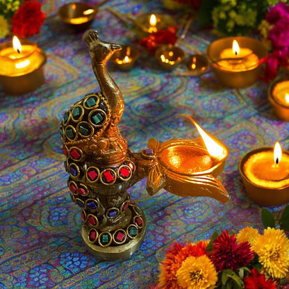 Brass Peacock Diya with Handcrafted Stone Work - 5"