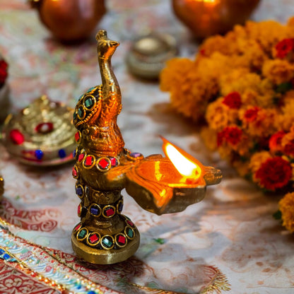 Brass Peacock Diya with Handcrafted Stone Work - 5"