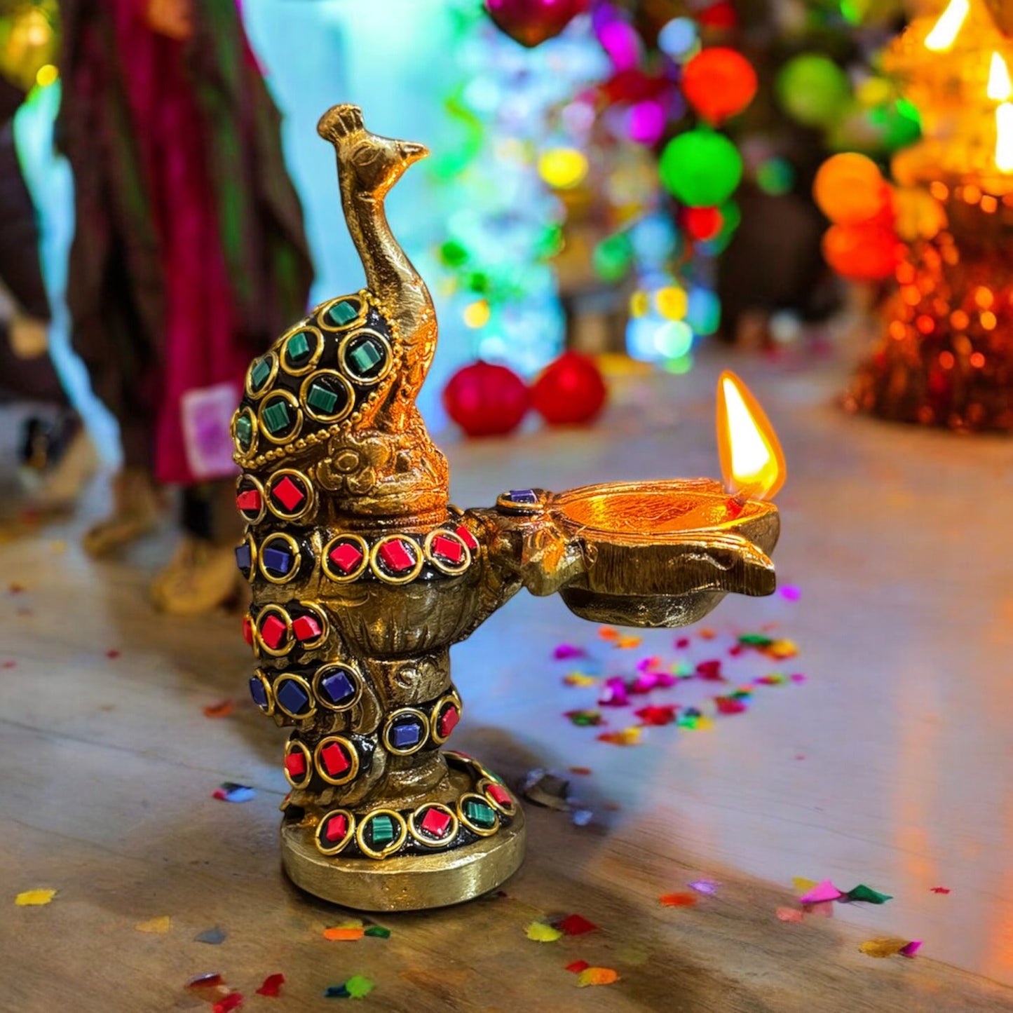 Brass Peacock Diya with Handcrafted Stone Work - 5"