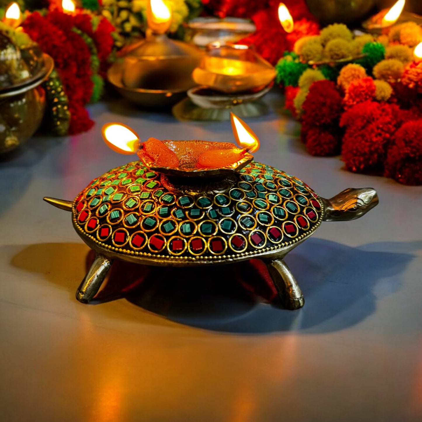 Handcrafted Brass Tortoise Diya with Stone Inlay - 8"