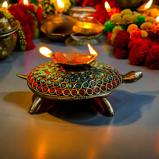 Handcrafted Brass Tortoise Diya with Stone Inlay - 8"