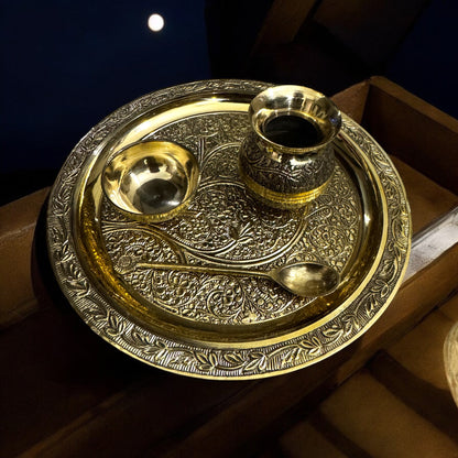 Brass Karva Chauth Thali Set with Self Design