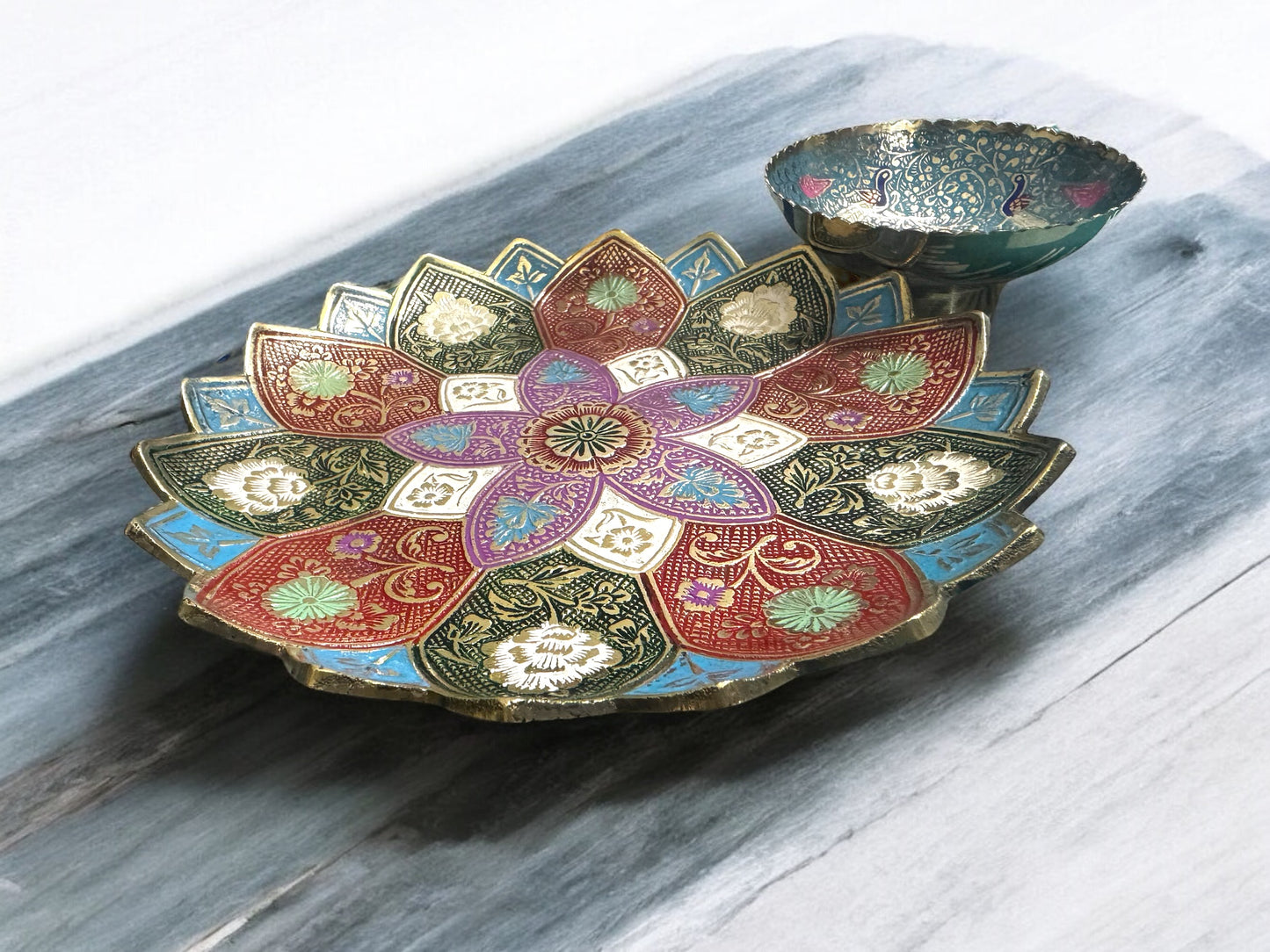 Lotus-Shaped Brass Plate with Hand-Painted Enamel - Diwali Special